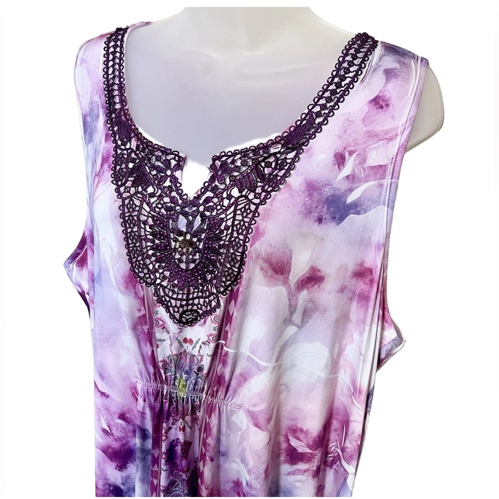 World Unity 2X Midi Dress Embellished Neck Purple Sheer Hem Crotchet Tie Dye - Picture 2 of 11